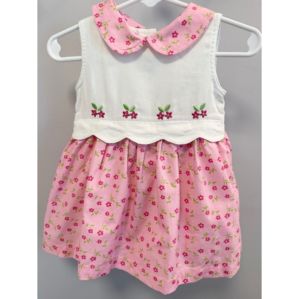 Vintage Small Steps Pink White Floral Dress 6/9M Embroidered Scalloped